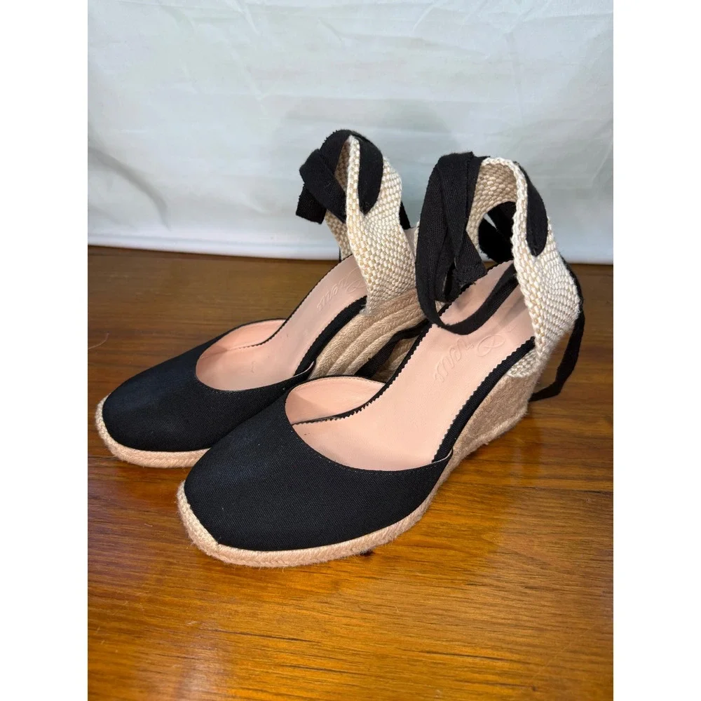 J.Crew Black Canvas Ankle Tie Espadrille Wedge Sandals Womens 9 Closed Toe